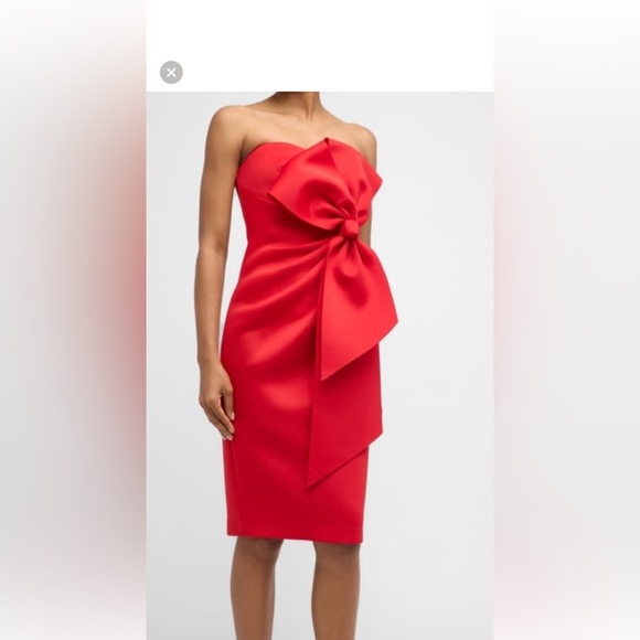 NWT $398 BADGLEY MISCHKA Strapless Bow Front Bodycon Scuba Midi Dress Red US 8